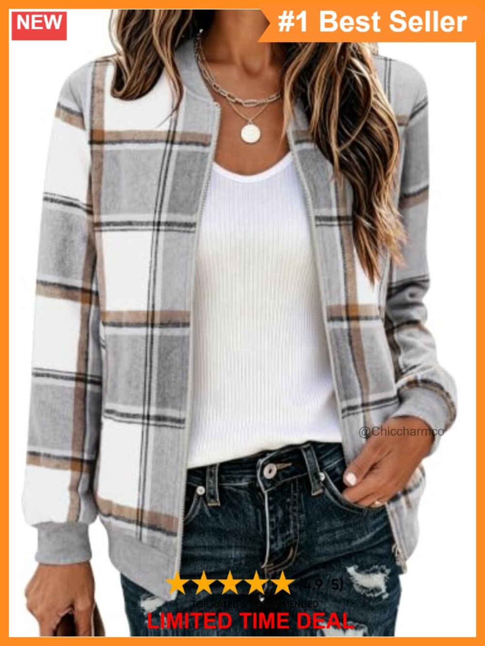 Plaid Flannel Bomber Jacket Zip Up Lightweight Casual Coat